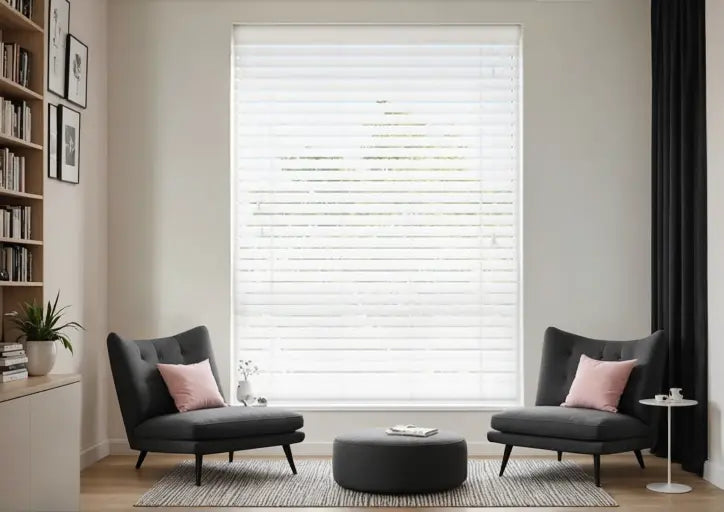 DEZ FURNISHINGS Cordless 2" Faux Wood Blinds - White, 25.75" W X 84" H, Inside/Outside Mount, Room Darkening